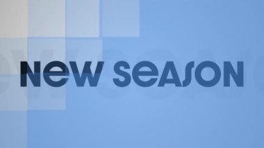 Gri arka planda ilerleyen mavi kareli siyah metin yeni sezon animasyonu. Perakende ticaret, sosyal medya ve küresel iletişim teknolojisi konsepti dijital olarak oluşturulmuş video.