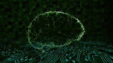 Siyah arkaplandaki bilgisayar devreleri üzerinde dönen beynin animasyonu. küresel tıbbi araştırma teknolojisi ve dijital veri paylaşım konsepti dijital olarak oluşturulmuş video.