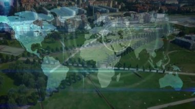Kapsam animasyonu, dünya haritası manzara üzerindeki bağlantılar ağı. küresel dijital arayüz, teknoloji ve ağ konsepti dijital olarak oluşturulmuş video.
