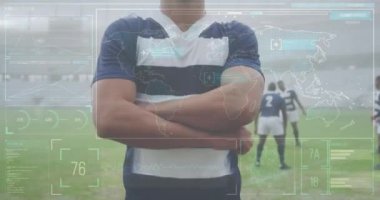 Rugby oyuncuları üzerinde covid 19 tıbbi veri işleme ile dijital arayüzün animasyonu. Tıbbi araştırma teknolojisi ve spor konsepti dijital olarak üretilen animasyon.