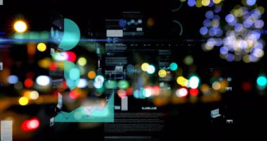 Odak ışıkları ve şehir manzarası dışında istatistik işleme animasyonu. business, data işleme, bağlantı, teknoloji ve dijital arayüz kavramı dijital olarak oluşturulmuş video.