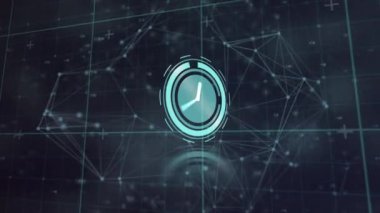 Siyah arkaplandaki bağlantı ağını devreden saatin animasyonu. küresel iletişim teknolojisi ve dijital ağ konsepti, dijital olarak oluşturulmuş video.