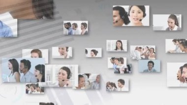 Telefon kulaklığı takan iş adamlarıyla ilgili istatistik ve veri işleme animasyonları. iş, bağlantı, teknoloji ve dijital arayüz konsepti dijital olarak oluşturulmuş video.