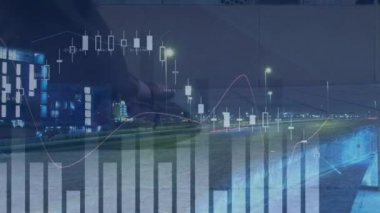 Yayalar ve şehir manzarası üzerindeki istatistiklerin animasyonu. küresel bağlantılar, iletişim, dijital arayüz ve dijital olarak oluşturulmuş video konsepti.
