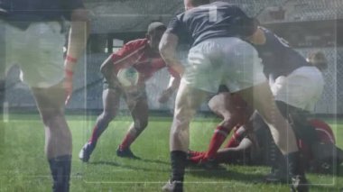 Spor stadyumundaki ragbi maçında veri işleme animasyonu. küresel spor, rekabet ve veri işleme kavramı dijital olarak oluşturulmuş video.