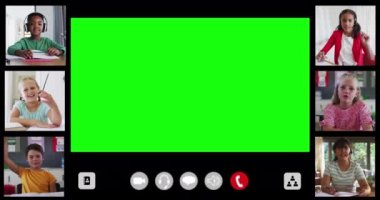 Çevrimiçi derste yeşil ekran ve altı farklı çocukla arayüz ekranının animasyonu. küresel iletişim teknolojisi ve çevrimiçi eğitim konsepti, dijital olarak oluşturulmuş video.