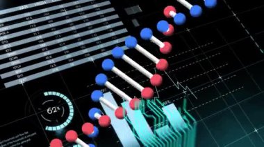 İstatistik ve veri işleme üzerinde dönen DNA ipliklerinin animasyonu. Tıbbi araştırma teknolojisi konsepti dijital olarak oluşturulmuş animasyon.