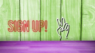 Neon, yeşil ahşap arka plana karşı yazı ve el barış sembolü yaz. Sosyal medya ağı ve teknoloji kavramı