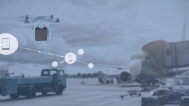 İHA 'nın taşıdığı parsel üzerindeki simgelerle bağlantı ağının animasyonu. küresel gönderim, bağlantılar, teknoloji ve dijital arayüz konsepti dijital olarak oluşturulmuş video.