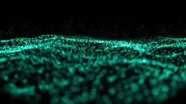 Siyah arkaplandaki mavi parçacıkların dalgalanan dış hatlarının animasyonu. Doğa, değişim, hareket ve enerji konsepti dijital olarak oluşturulmuş video.