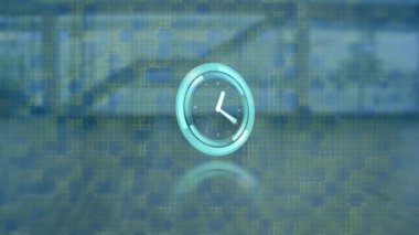 Boş ofis üzerinde saat ve veri işleme animasyonu. küresel iş, dijital arayüz, teknoloji ve ağ konsepti dijital olarak oluşturulmuş video.