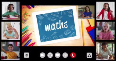 İnternet dersinde metin, matematik, öğretmen ve altı farklı çocukla arayüz ekranının animasyonu. küresel iletişim teknolojisi ve çevrimiçi eğitim konsepti, dijital olarak oluşturulmuş video.