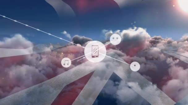 Réseaux Connexions Avec Des Icônes Sur Ciel Nuageux Avec Drapeau — Video