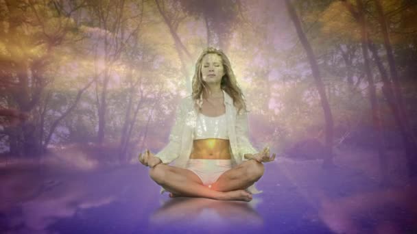 Animatie Van Gloeiend Licht Vrouw Die Yoga Beoefent Tegen Bomen — Stockvideo