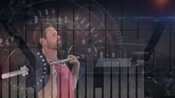 Animace Zpracování Dat Statistiky Nad Silným Cvičením Muže Globální Koncepce — Stock video
