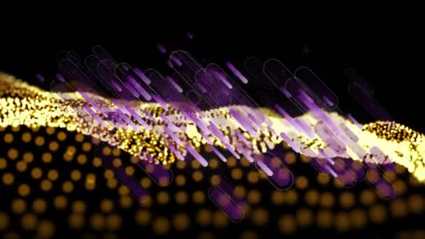 Анимация Светящихся Фиолетовых Легких Трасс Движущихся Волнистой Местности Контурных Золотых — стоковое видео