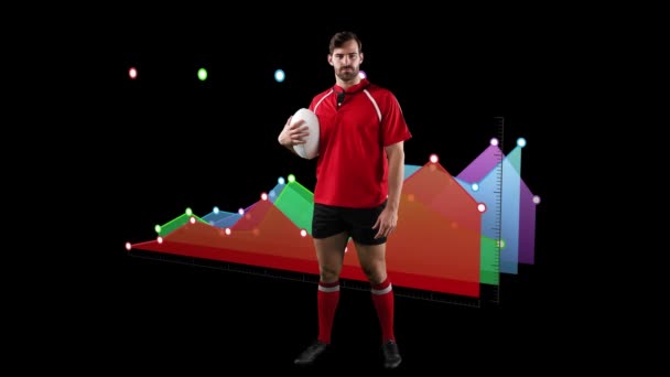 Animación Del Jugador Rugby Sobre Las Estadísticas Deportes Globales Procesamiento — Vídeo de stock