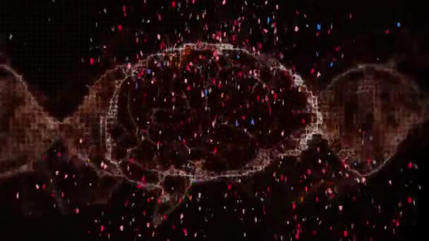 Animatie Van Hersenen Draaien Met Kleurrijke Confetti Vallen Zwarte Achtergrond — Stockvideo