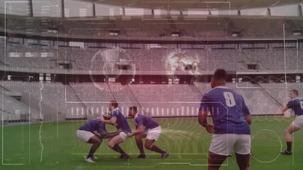 Animacja Przetwarzania Danych Nad Meczem Rugby Stadionie Sportowym Globalna Koncepcja — Wideo stockowe