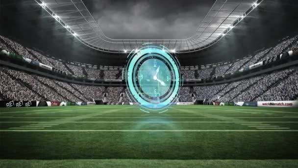 Animering Digital Klocka Över Rugby Stadion Globala Sport Databehandlings Digitala — Stockvideo