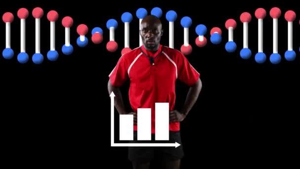 Animação Estatísticas Sobre Esportista Fio Dna Rotativo Conceito Tecnologia Pesquisa — Vídeo de Stock