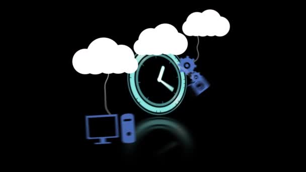 Animation Weißer Wolken Mit Hängenden Blauen Mediensymbolen Und Uhr Mit — Stockvideo