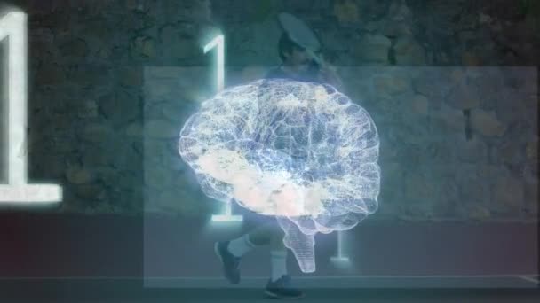 Animación Cerebro Humano Girando Codificación Binaria Sobre Jugador Tenis Masculino — Vídeos de Stock