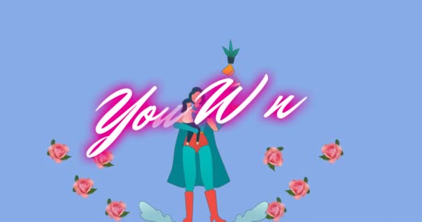 Animación Texto Que Gana Rosas Sobre Mujer Traje Superhéroe Con — Vídeos de Stock