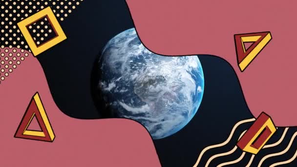 Animación Formas Retro Abstractas Sobre Planeta Tierra Conexiones Globales Interfaz — Vídeo de stock