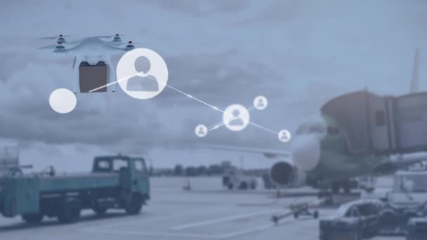 Animation Network Connections Icons Drone Carrying Parcel Global Shipping Connections — Stock Video