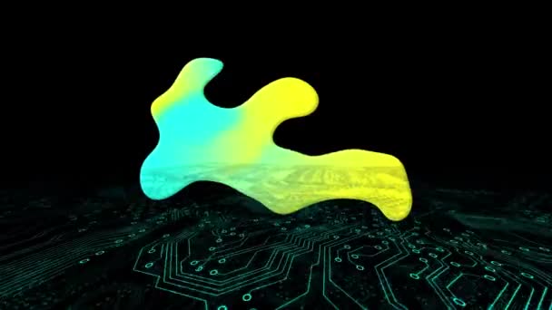 蓝色和黄色斑点在计算机电路板上的黑色背景动画 全球通信技术和数字数据分享概念 — 图库视频影像