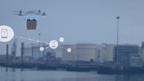 Animación Red Conexiones Con Iconos Sobre Paquete Transporte Drones Envío — Vídeo de stock