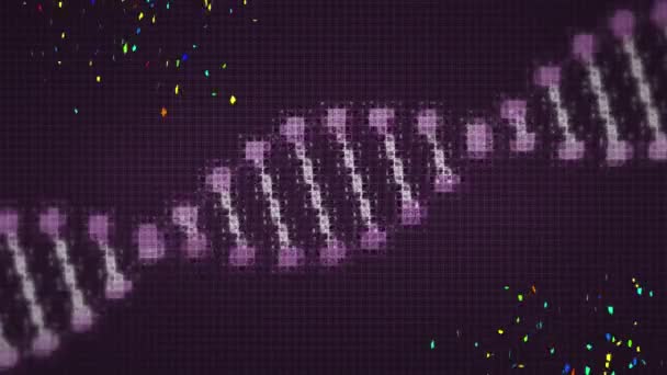 Animatie Van Digitale Dna Streng Bewegend Kleurrijke Confetti Zwarte Achtergrond — Stockvideo