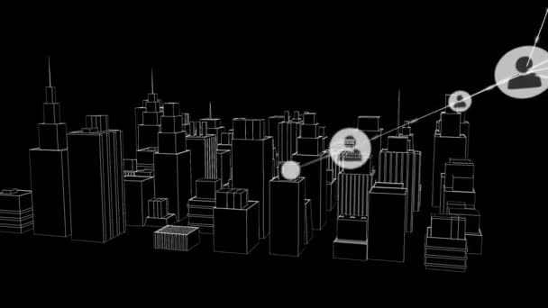 Animación Red Conexiones Con Iconos Sobre Dibujo Ciudad Arquitectura Global — Vídeo de stock