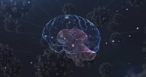 Анимация Ковидных Клеток Вращением Человеческого Мозга Глобальный Шабаш Пандемия Концепции — стоковое видео