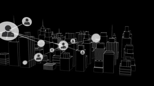Animacja Sieci Połączeń Ikonami Ponad Rysunek Miasta Globalna Architektura Połączenia — Wideo stockowe