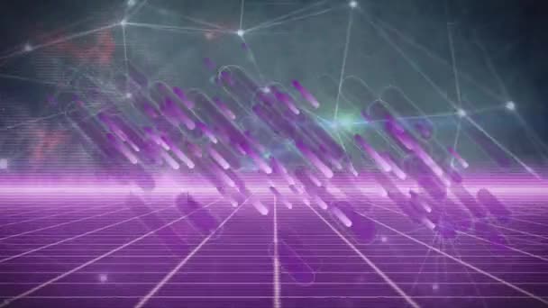 Цифрова Анімація Фіолетових Світлових Шляхів Через Мережу Єднань Проти Мережі — стокове відео