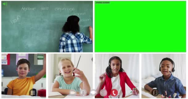 Animation Von Sechs Bildschirmen Verschiedener Kinder Lehrer Und Green Screen — Stockvideo