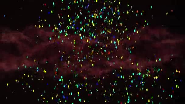 Animatie Van Kleurrijke Confetti Vallen Rode Wolk Bewegen Zwarte Achtergrond — Stockvideo