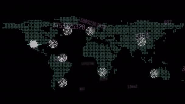 Animação Processamento Dados Código Sobre Rede Mapa Mundo Fundo Preto — Vídeo de Stock