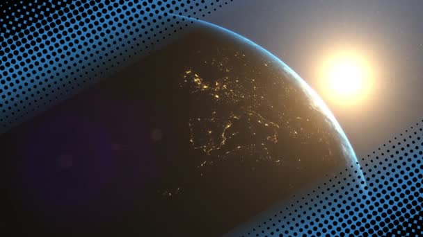 一排排闪烁不定的圆点和太阳在地球上闪耀的动画 全球连接 数字接口和数字视频技术概念 — 图库视频影像