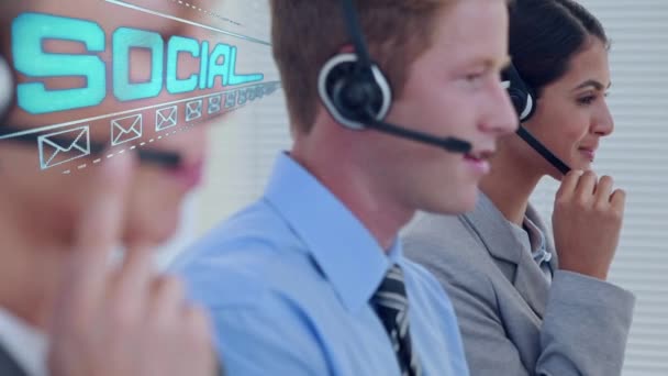 Animation Icons Text Social Network Business People Wearing Phone Headsets — Stock Video