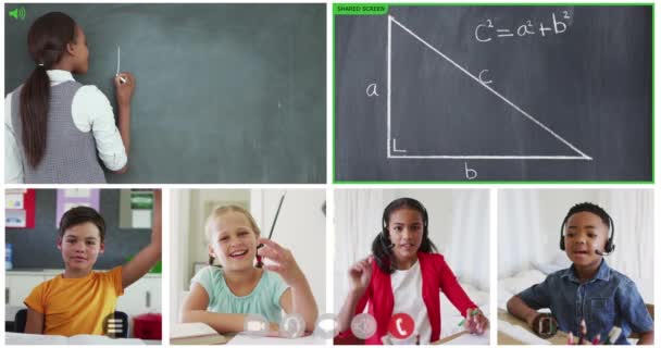 Animação Seis Telas Crianças Diversas Professor Quadro Negro Durante Aula — Vídeo de Stock