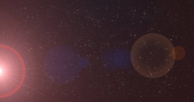 Gece gökyüzündeki yıldızların üzerinde hipnotize edici bir hareketle hareket eden parlak kırmızı yıldız görüntüsü. Işık rengi ve hareket kavramı dijital olarak oluşturuldu.