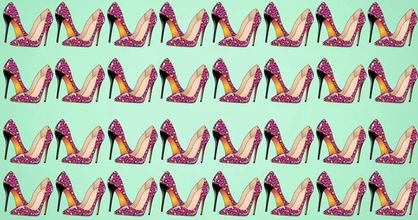 ピンクのヒョウ柄の静止画の構成は 薄い緑の背景に 行で繰り返される靴 ファッション アクセサリー背景パターンコンセプトデジタルアニメーション — ストック写真