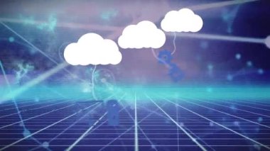 Şebeke ağına bağlı çoklu bulut simgelerinin dijital animasyonu. küresel ağ oluşturma ve bulut depolama teknolojisi kavramı