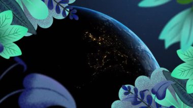 Yaprak ve bitkilerin animasyonu yeryüzünün her yerine yayılmış. küresel bağlantılar, dijital arayüz ve teknoloji konsepti dijital olarak oluşturulmuş video.