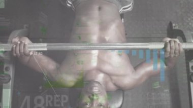 Güçlü adam egzersizleriyle ilgili veri işleme ve istatistiklerin animasyonu. global spor, fitness ve veri işleme konsepti dijital olarak oluşturulmuş video.