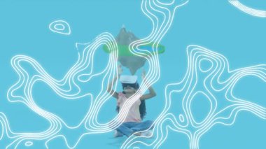Mavi arka planda vr kulaklık takan bir kızın beyaz çizgilerinin canlandırması. küresel iletişim, dijital arayüz, teknoloji ve ağ konsepti dijital olarak oluşturulmuş video.