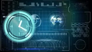 Dünya çapında saat ve istatistik işleme animasyonu. business, data işleme, bağlantı, teknoloji ve dijital arayüz kavramı dijital olarak oluşturulmuş video.